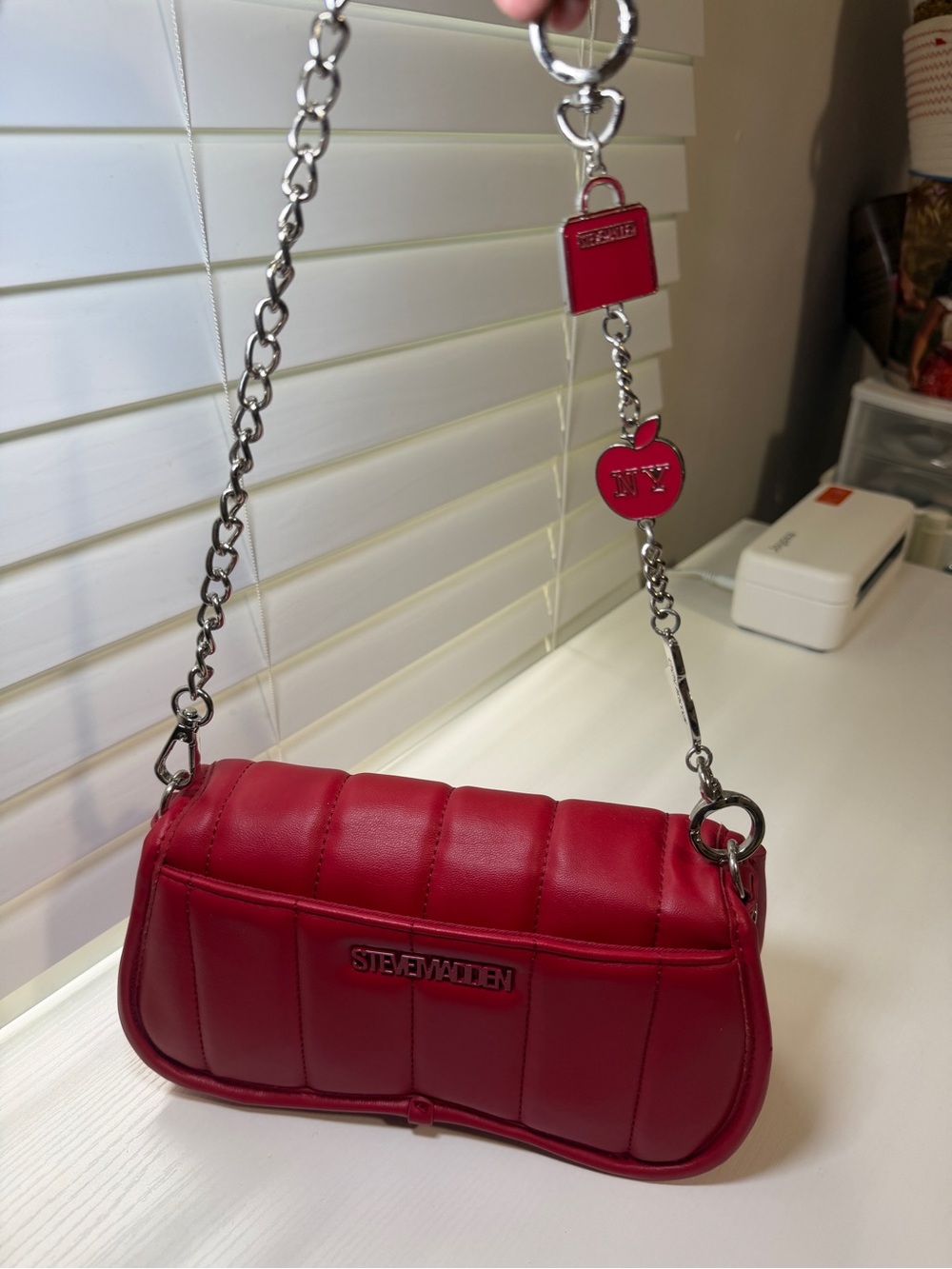 Steve Madden Fuchsia Quilted Shoulder Bag with Silver Chain